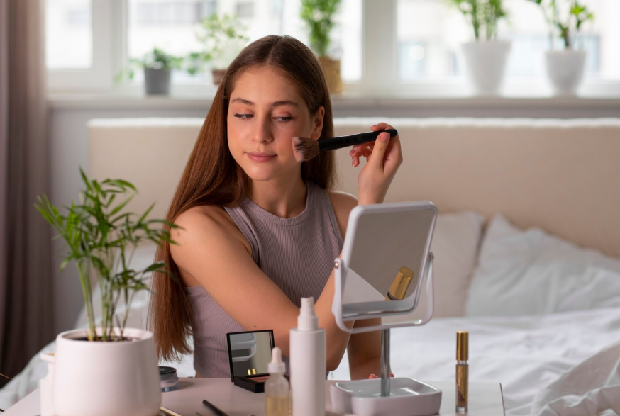 Person applying makeup during a self-care routine shaped by beauty and wellness search trends.