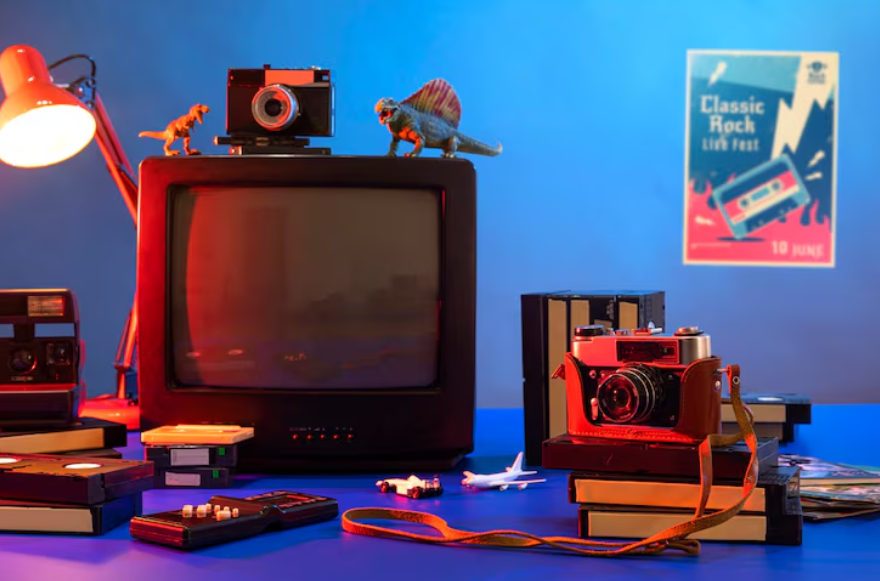 Vintage television and retro media objects illustrating why people search for old TV shows.