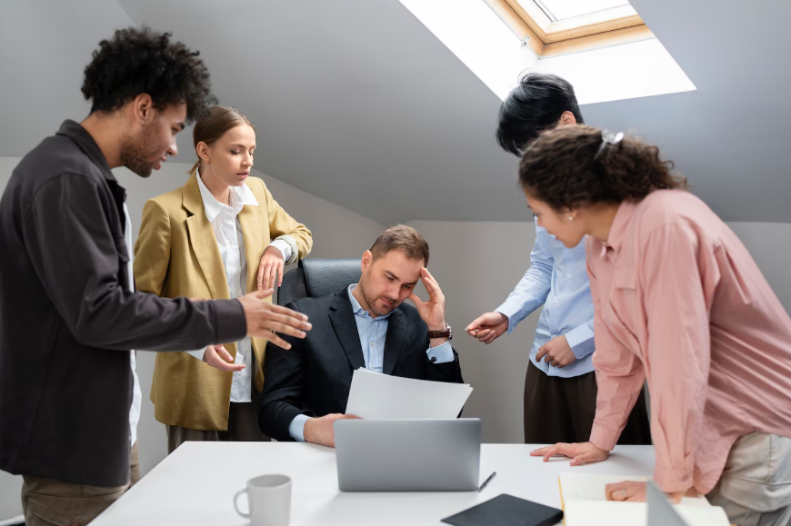 Institutional distrust search trends showing a stressed manager facing conflicting demands.